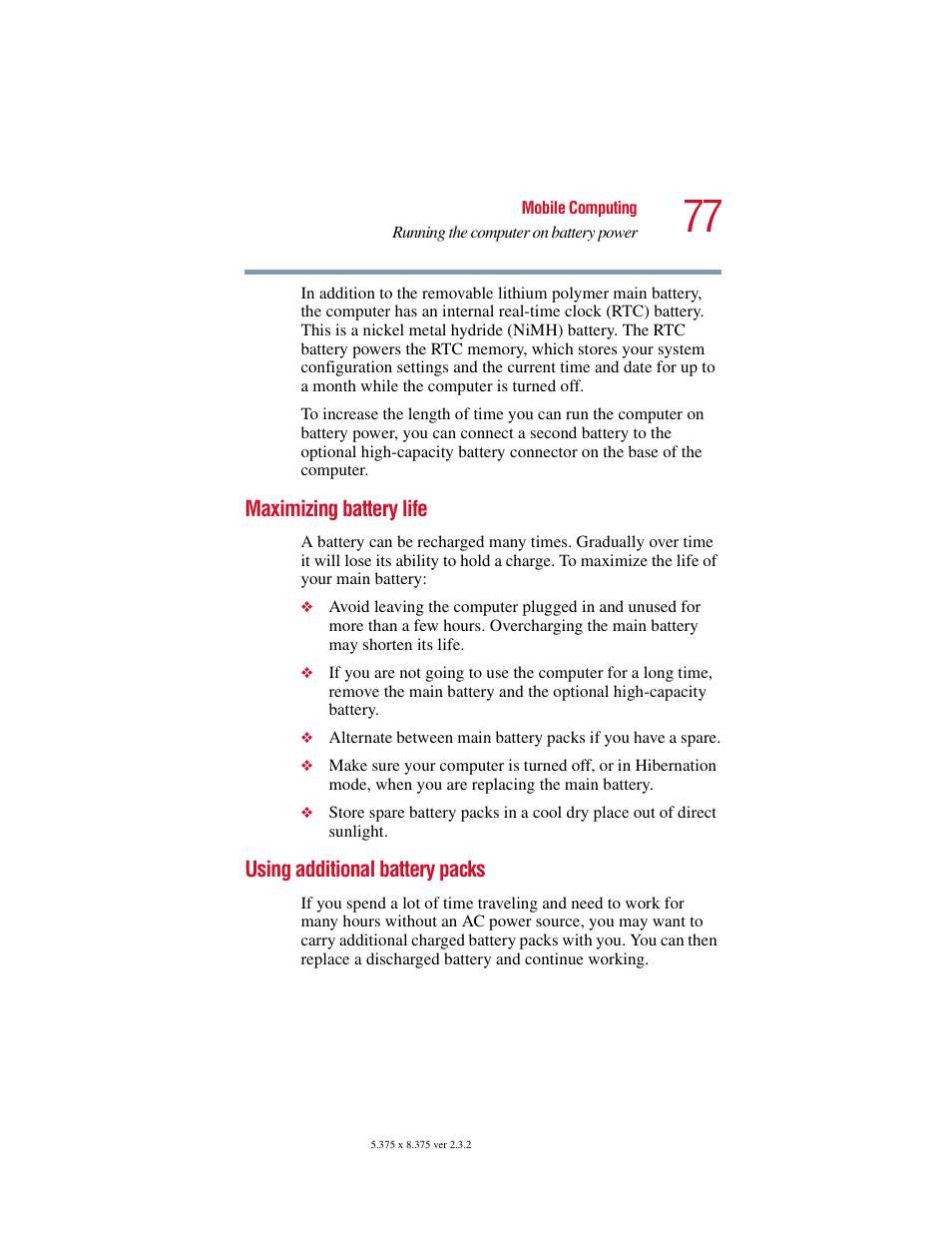 Maximizing battery life, Using additional battery packs | Toshiba VIRTUALTECH C6609-1201M1 User Manual | Page 77 / 209