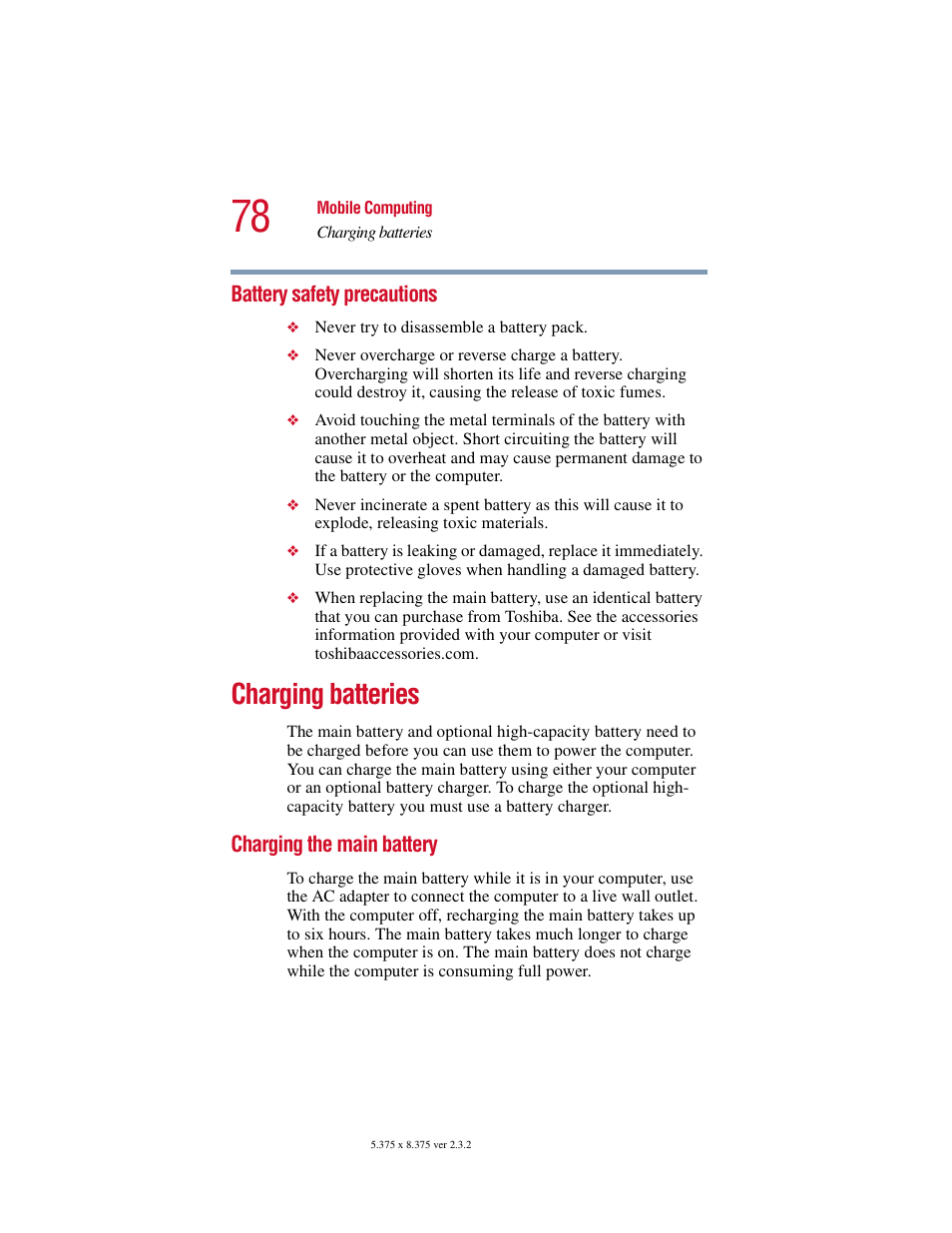 Battery safety precautions, Charging batteries, Charging the main battery | Battery safety precautions” on | Toshiba VIRTUALTECH C6609-1201M1 User Manual | Page 78 / 209