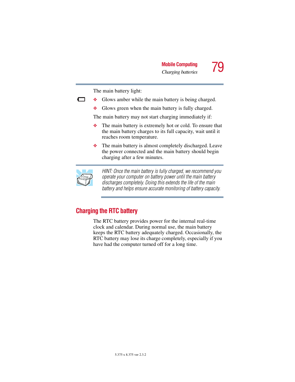 Charging the rtc battery | Toshiba VIRTUALTECH C6609-1201M1 User Manual | Page 79 / 209