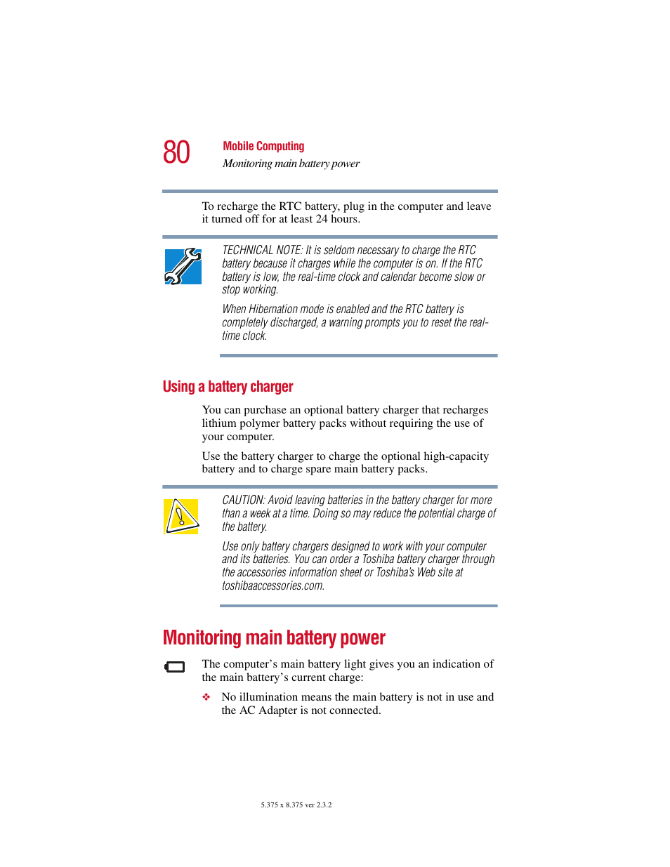 Using a battery charger, Monitoring main battery power | Toshiba VIRTUALTECH C6609-1201M1 User Manual | Page 80 / 209