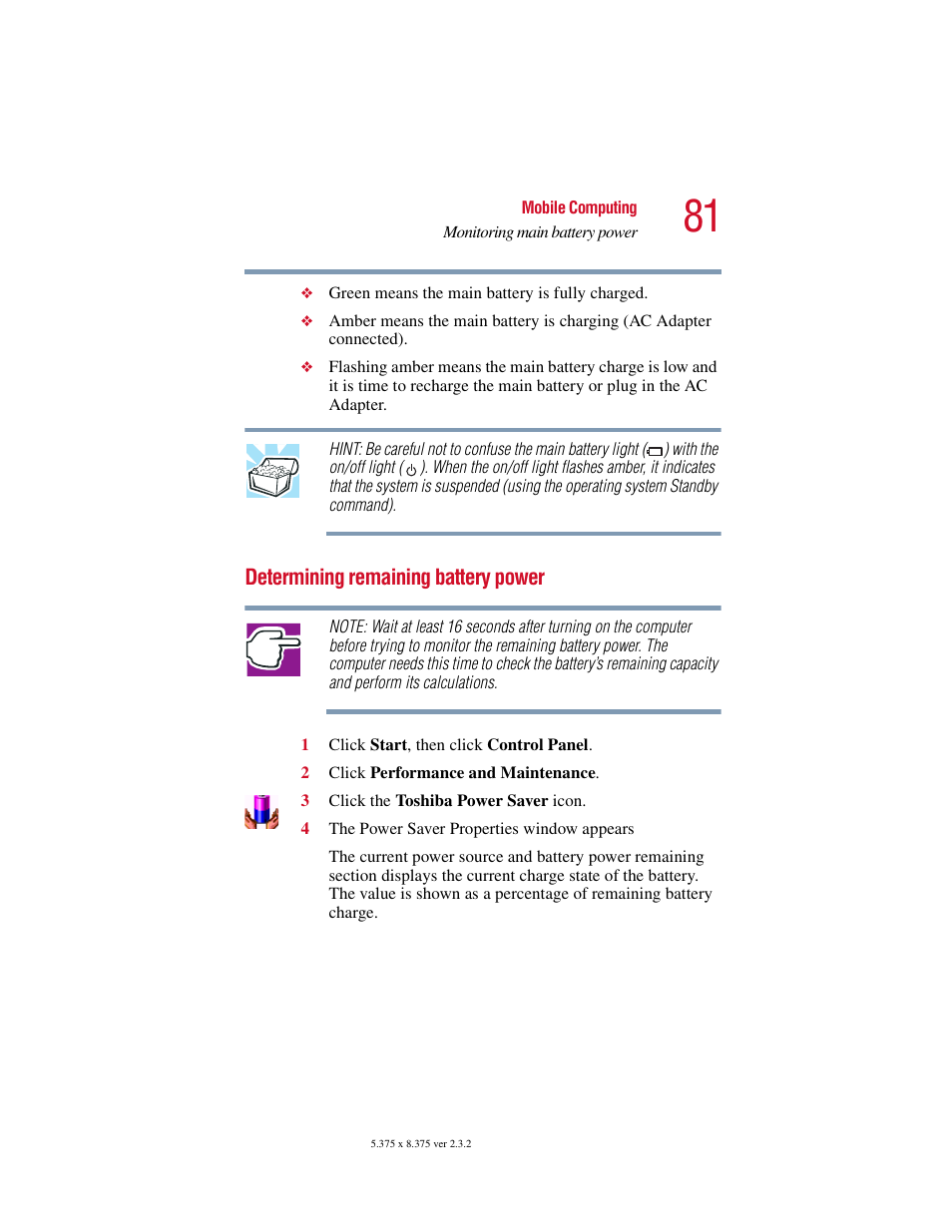 Determining remaining battery power | Toshiba VIRTUALTECH C6609-1201M1 User Manual | Page 81 / 209