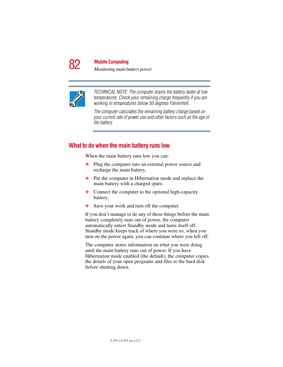 What to do when the main battery runs low | Toshiba VIRTUALTECH C6609-1201M1 User Manual | Page 82 / 209