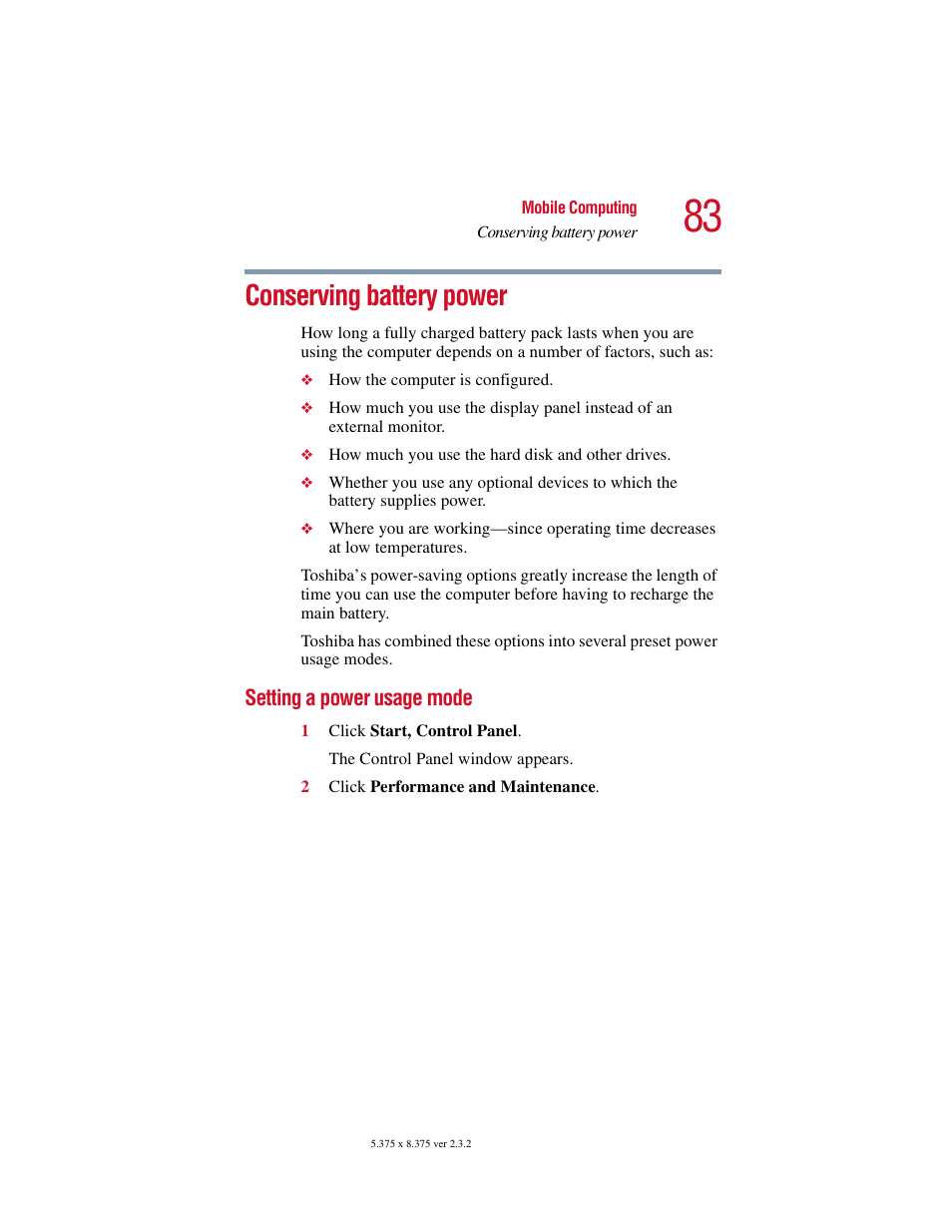 Conserving battery power, Setting a power usage mode | Toshiba VIRTUALTECH C6609-1201M1 User Manual | Page 83 / 209