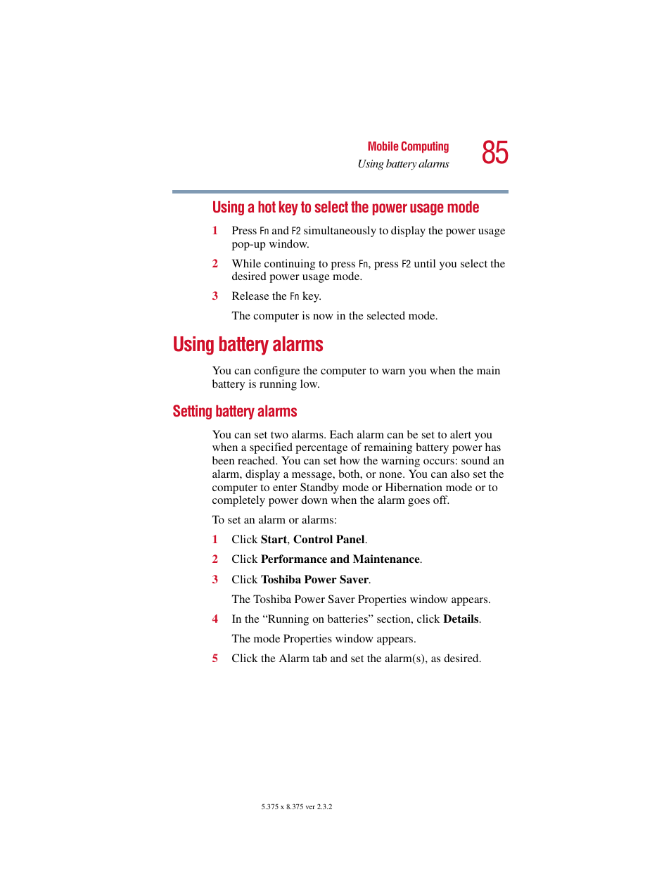 Using battery alarms, Setting battery alarms | Toshiba VIRTUALTECH C6609-1201M1 User Manual | Page 85 / 209