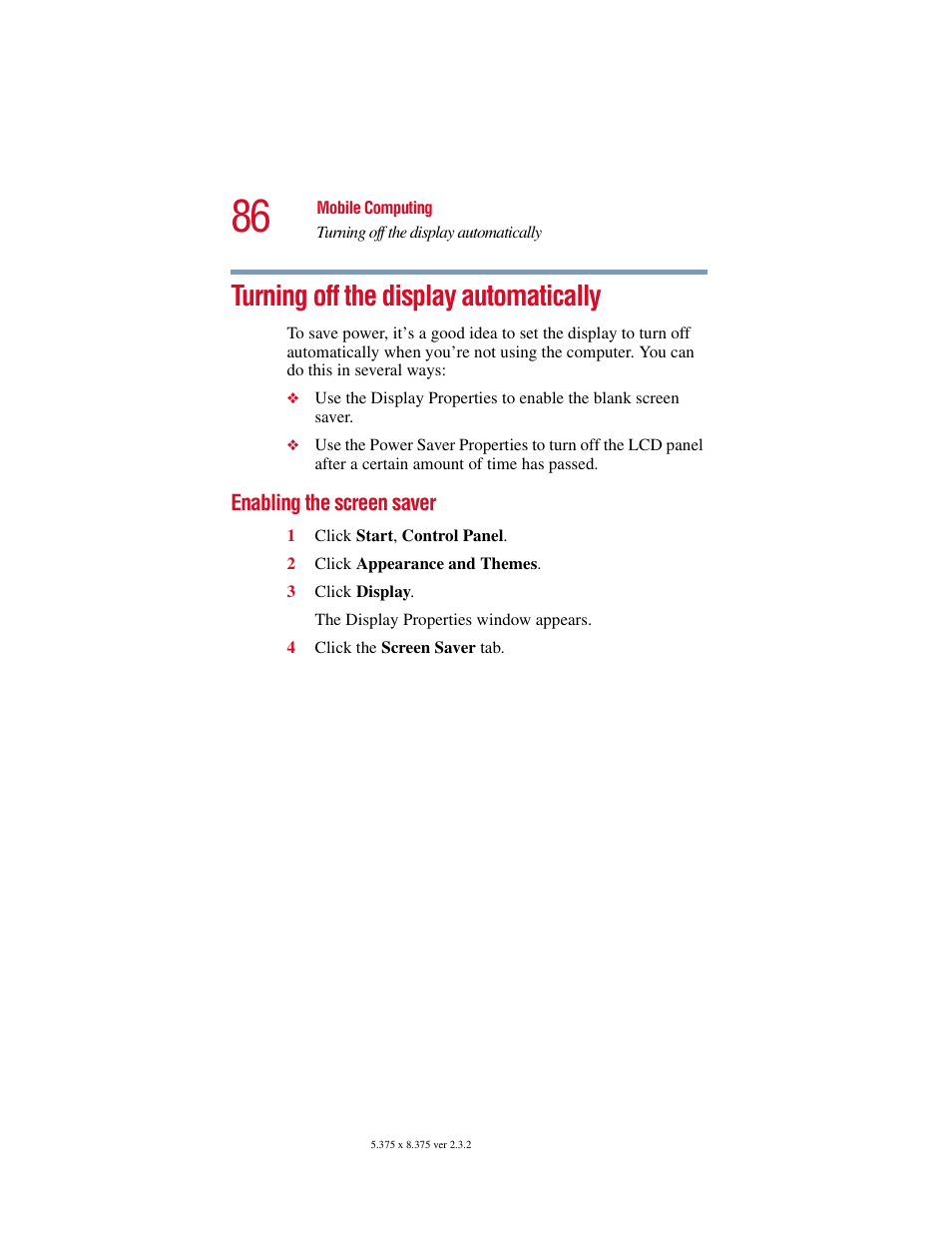 Turning off the display automatically, Enabling the screen saver, Turning off the display | Ther | Toshiba VIRTUALTECH C6609-1201M1 User Manual | Page 86 / 209