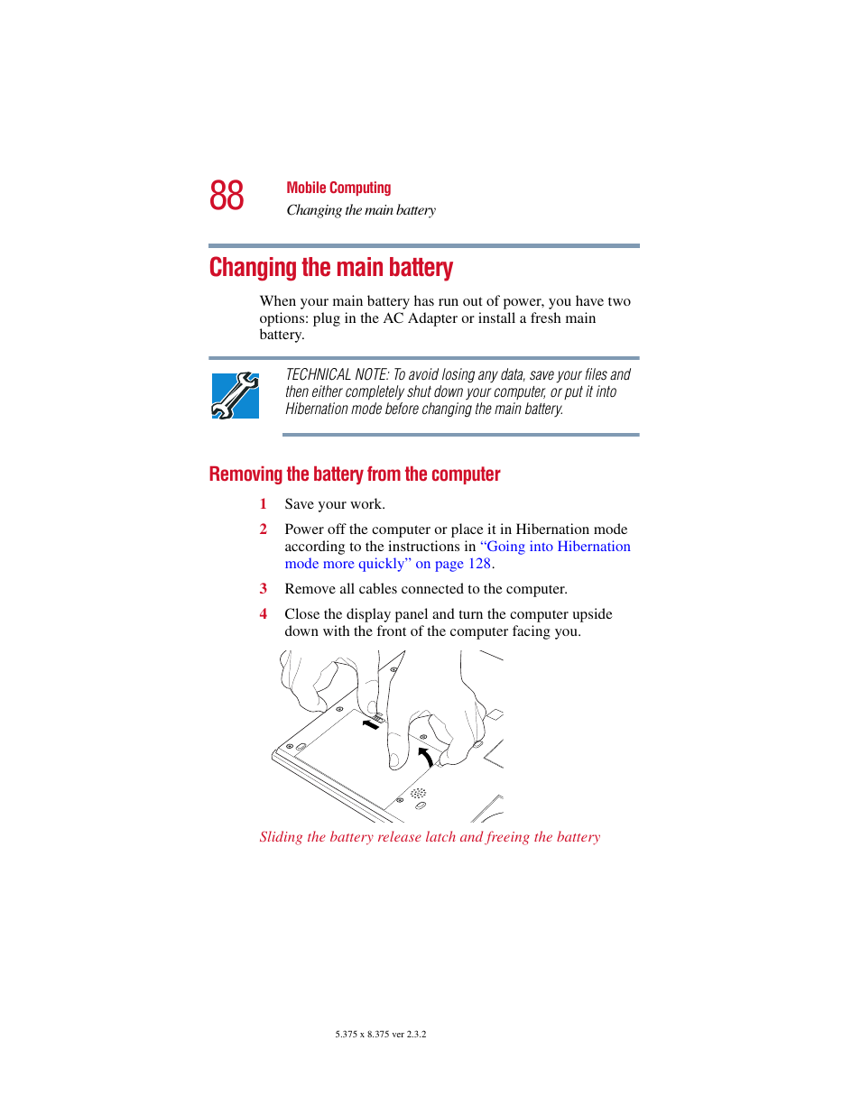 Changing the main battery, Removing the battery from the computer | Toshiba VIRTUALTECH C6609-1201M1 User Manual | Page 88 / 209