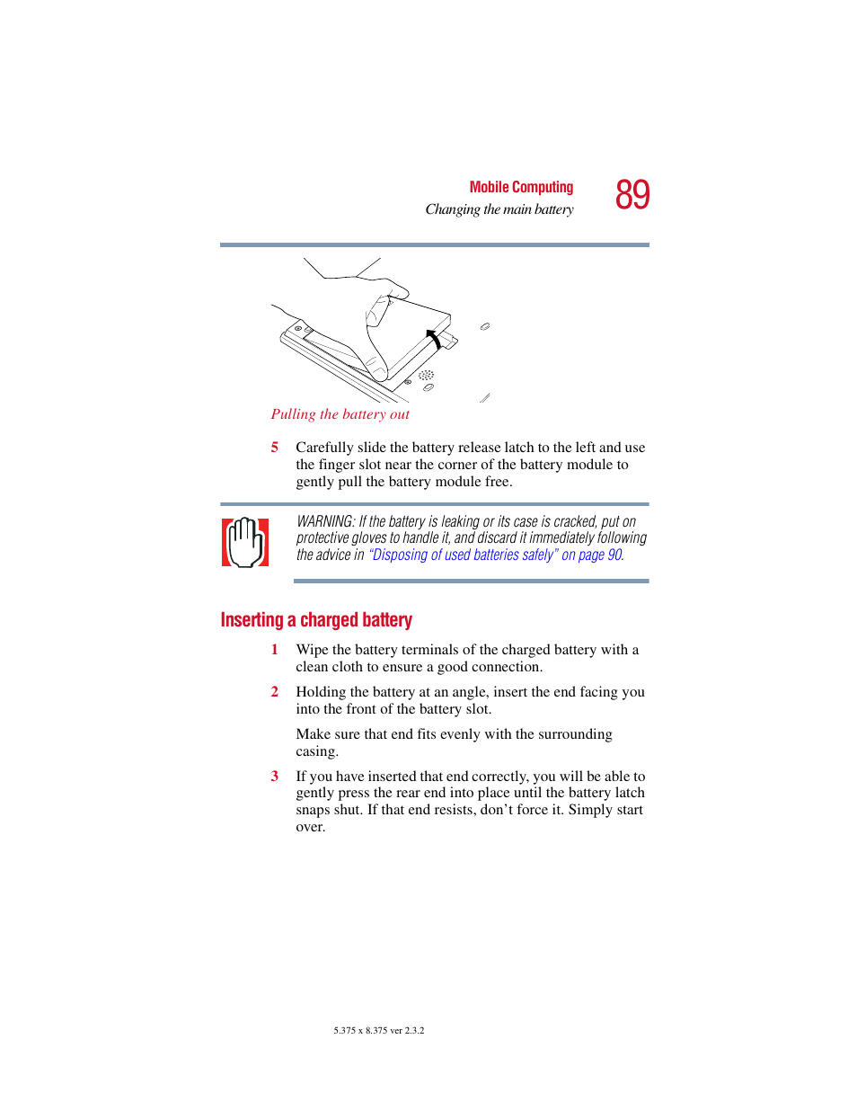 Inserting a charged battery | Toshiba VIRTUALTECH C6609-1201M1 User Manual | Page 89 / 209