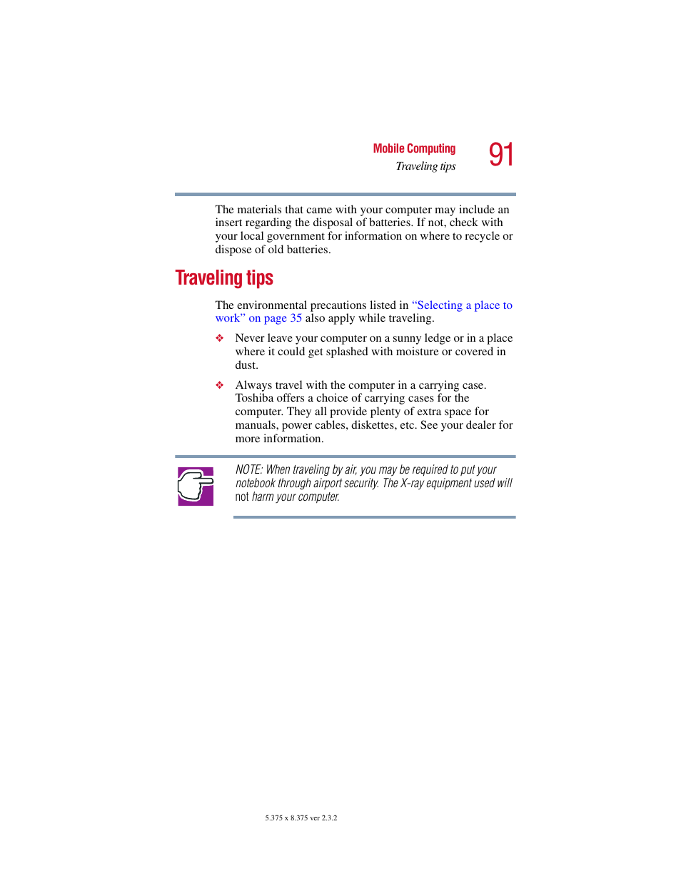 Traveling tips | Toshiba VIRTUALTECH C6609-1201M1 User Manual | Page 91 / 209