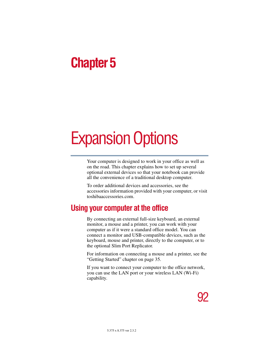 Chapter 5: expansion options, Using your computer at the office, Expansion options | Chapter 5 | Toshiba VIRTUALTECH C6609-1201M1 User Manual | Page 92 / 209