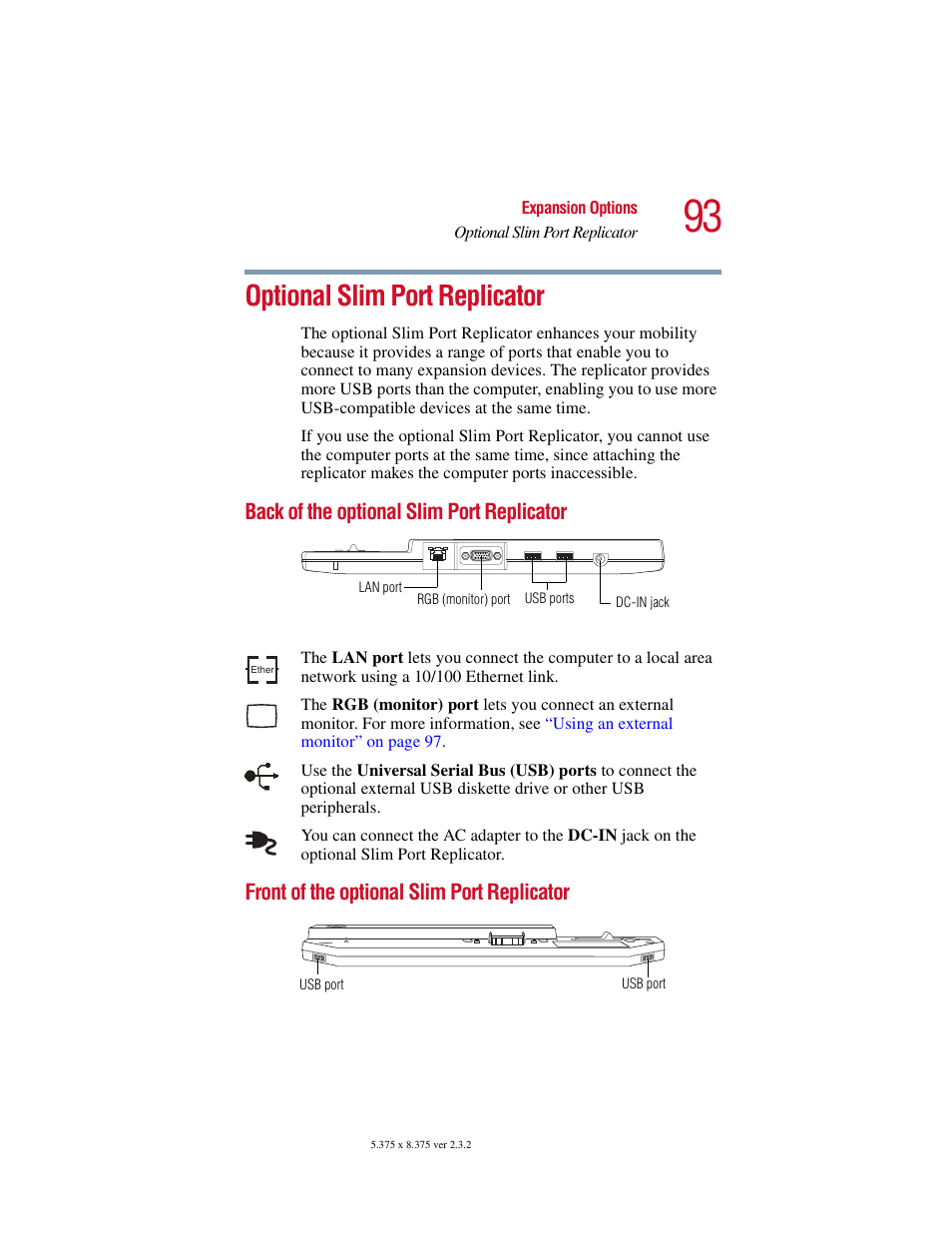 Optional slim port replicator, Back of the optional slim port replicator, Front of the optional slim port replicator | Toshiba VIRTUALTECH C6609-1201M1 User Manual | Page 93 / 209