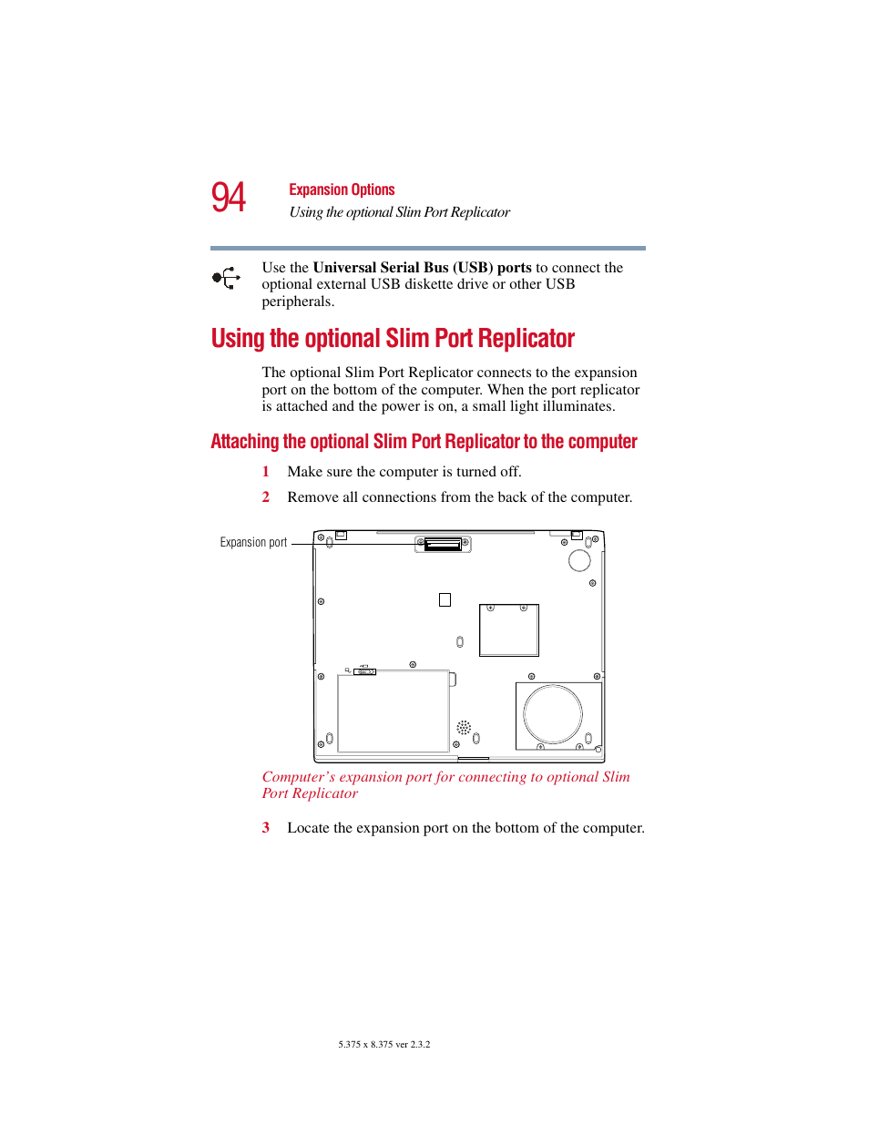 Using the optional slim port replicator, Attaching the optional slim port replicator, To the computer | Toshiba VIRTUALTECH C6609-1201M1 User Manual | Page 94 / 209