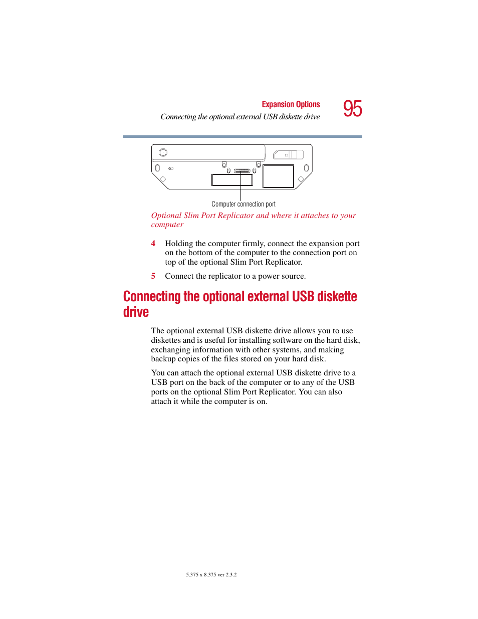 Connecting the optional external, Usb diskette drive, Connecting the | Toshiba VIRTUALTECH C6609-1201M1 User Manual | Page 95 / 209