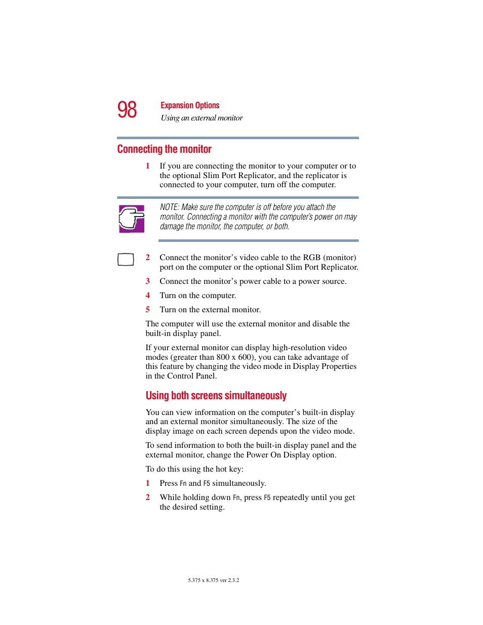 Connecting the monitor, Using both screens simultaneously | Toshiba VIRTUALTECH C6609-1201M1 User Manual | Page 98 / 209