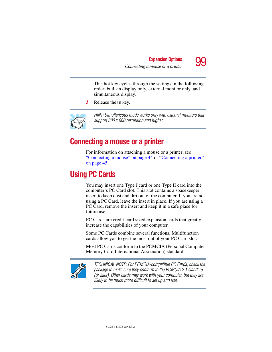 Connecting a mouse or a printer, Using pc cards, Connecting a mouse or a printer using pc cards | Using pc cards” on | Toshiba VIRTUALTECH C6609-1201M1 User Manual | Page 99 / 209