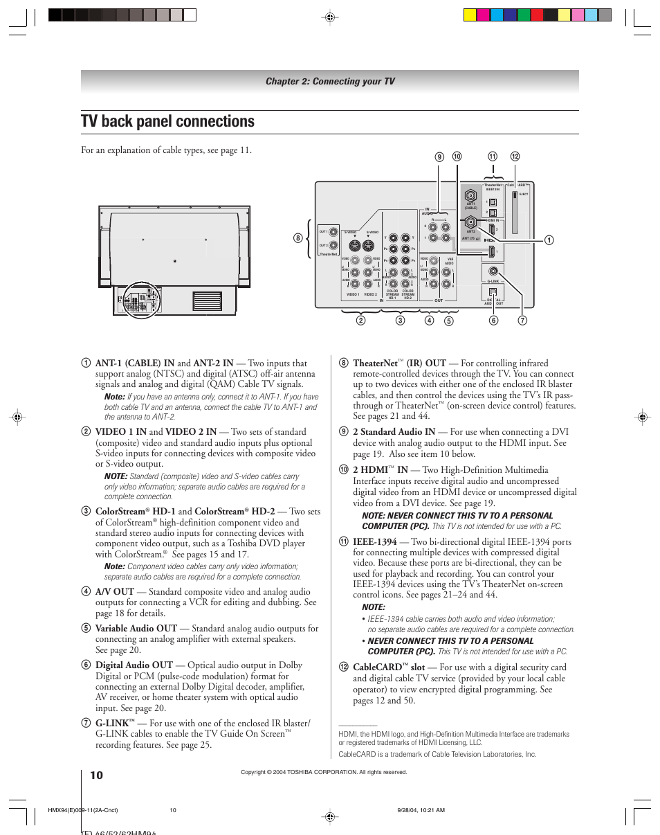 Tv back panel connections | Toshiba 52HMX94 User Manual | Page 10 / 108