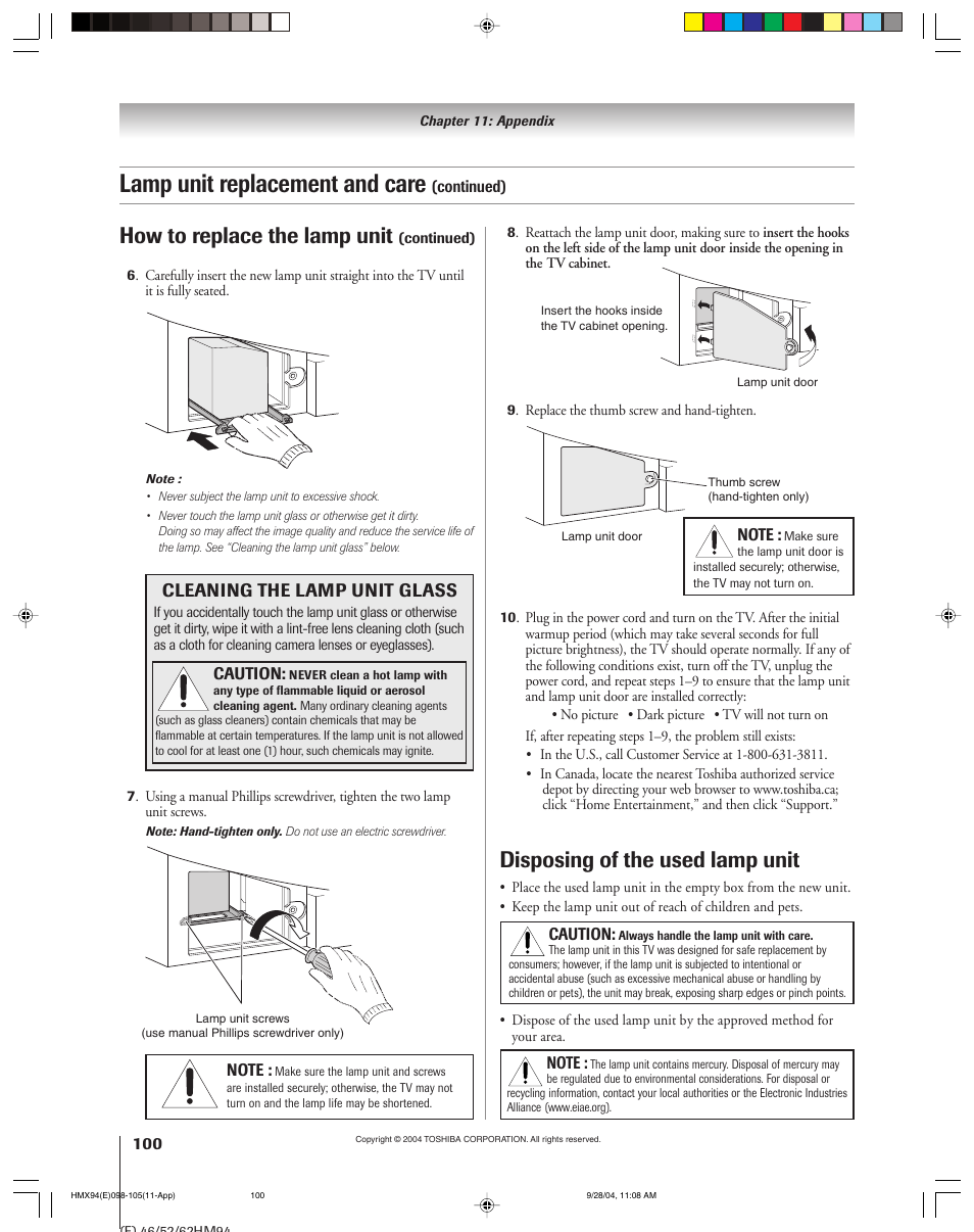 Lamp unit replacement and care, Disposing of the used lamp unit, How to replace the lamp unit | Cleaning the lamp unit glass | Toshiba 52HMX94 User Manual | Page 100 / 108