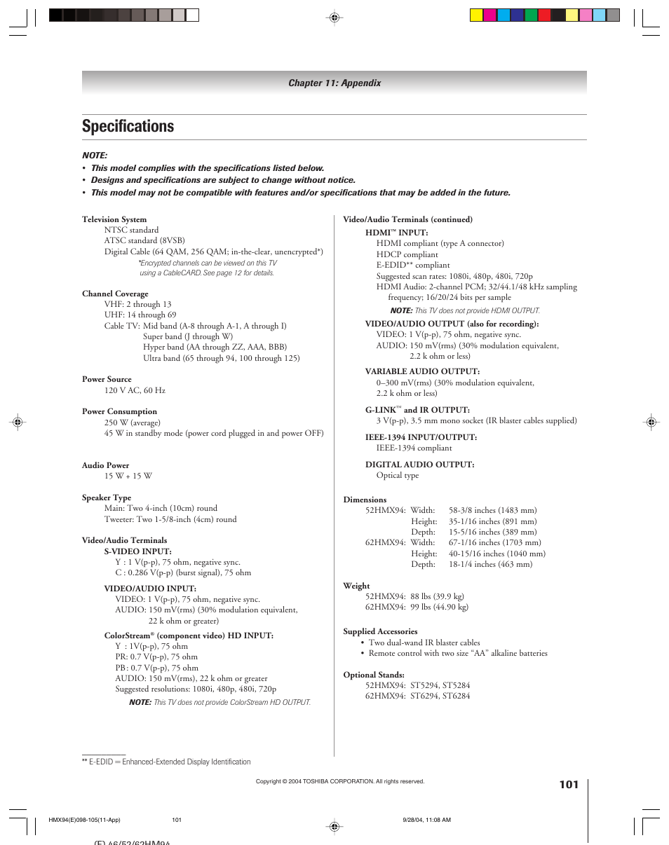 Specifications | Toshiba 52HMX94 User Manual | Page 101 / 108