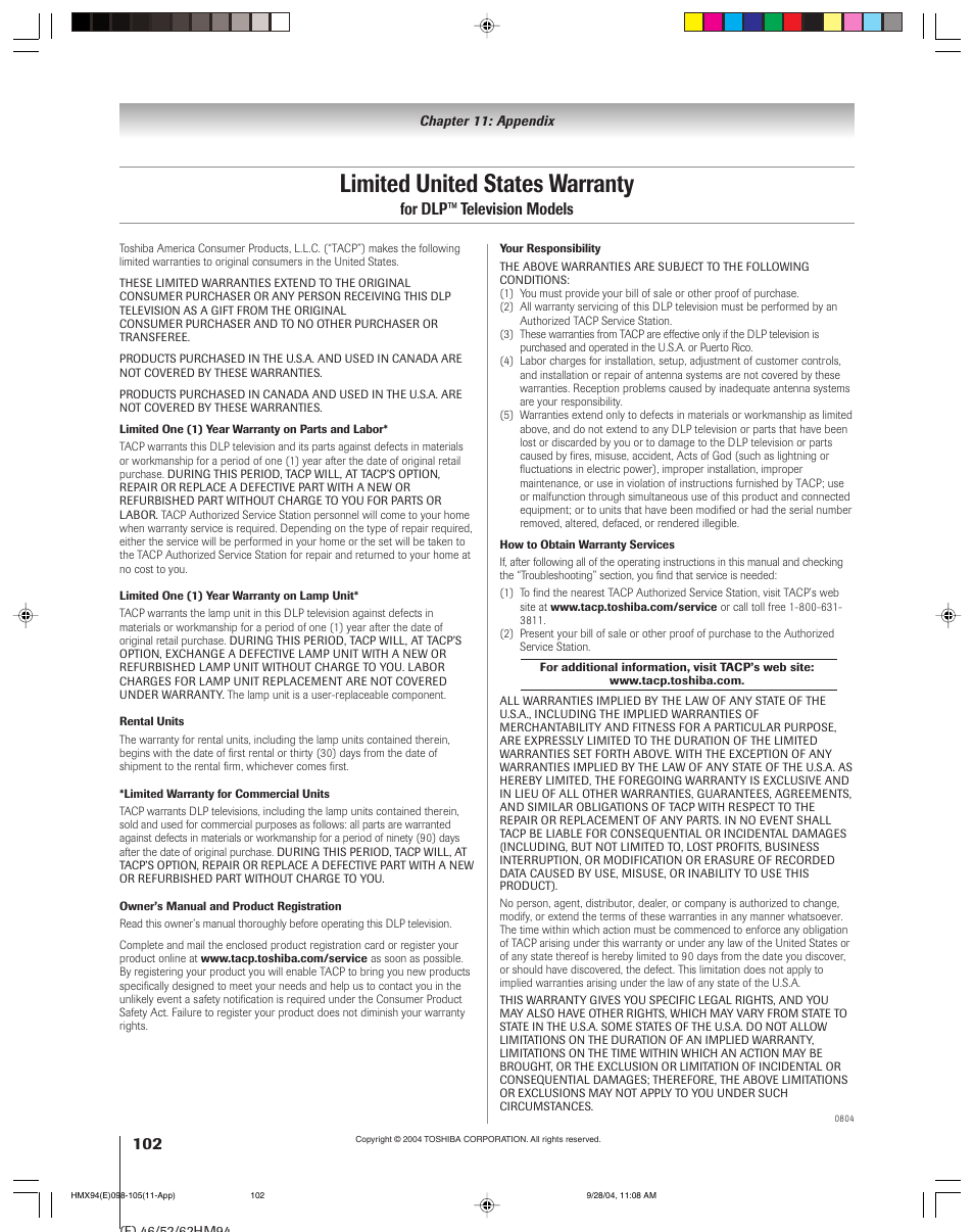 Limited united states warranty, For dlp™ television models | Toshiba 52HMX94 User Manual | Page 102 / 108