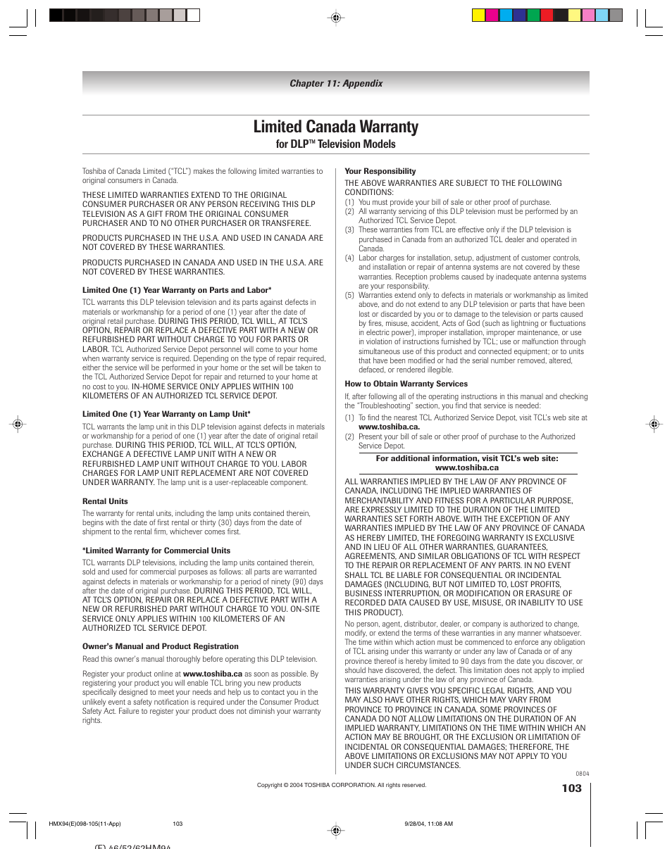 Limited canada warranty, For dlp™ television models | Toshiba 52HMX94 User Manual | Page 103 / 108