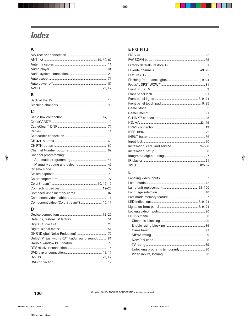 Index | Toshiba 52HMX94 User Manual | Page 106 / 108