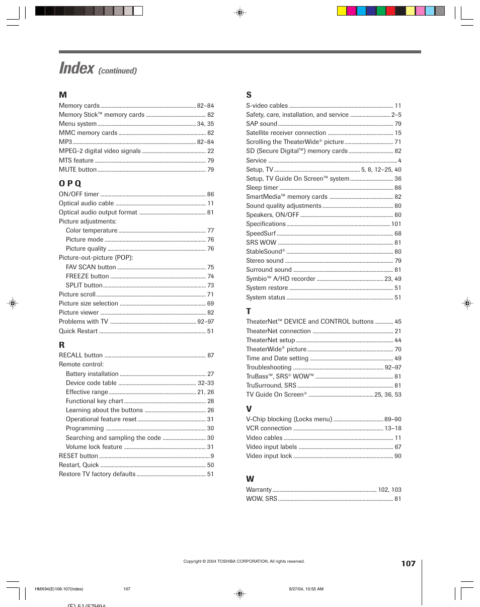 Index | Toshiba 52HMX94 User Manual | Page 107 / 108