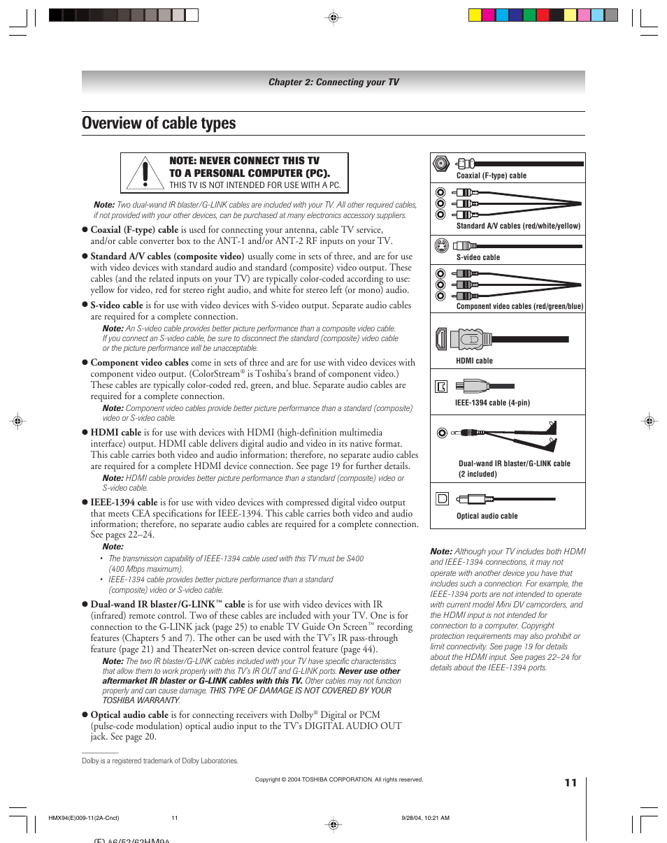 Overview of cable types | Toshiba 52HMX94 User Manual | Page 11 / 108