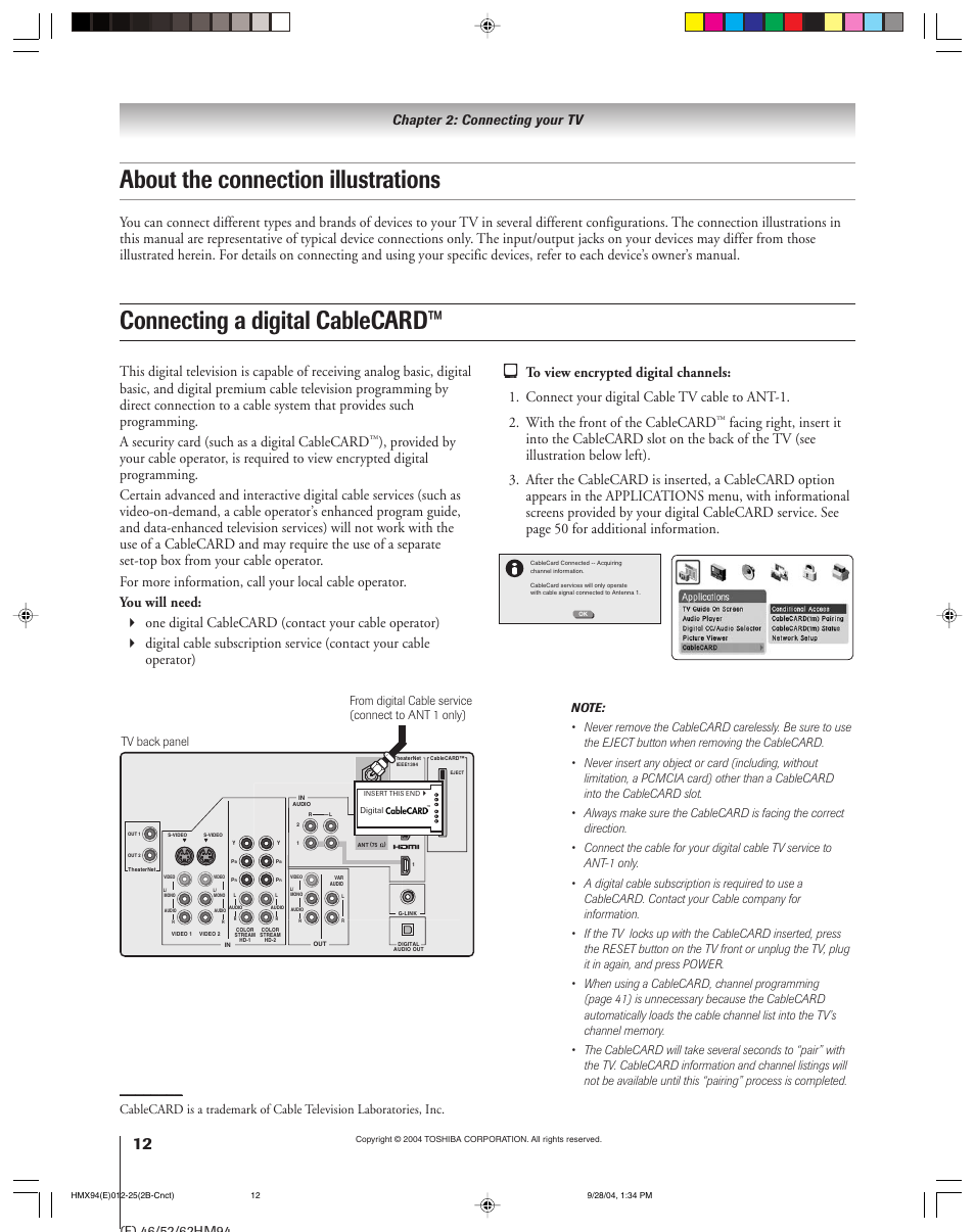 About the connection illustrations, Connecting a digital cablecard, Chapter 2: connecting your tv | Toshiba 52HMX94 User Manual | Page 12 / 108