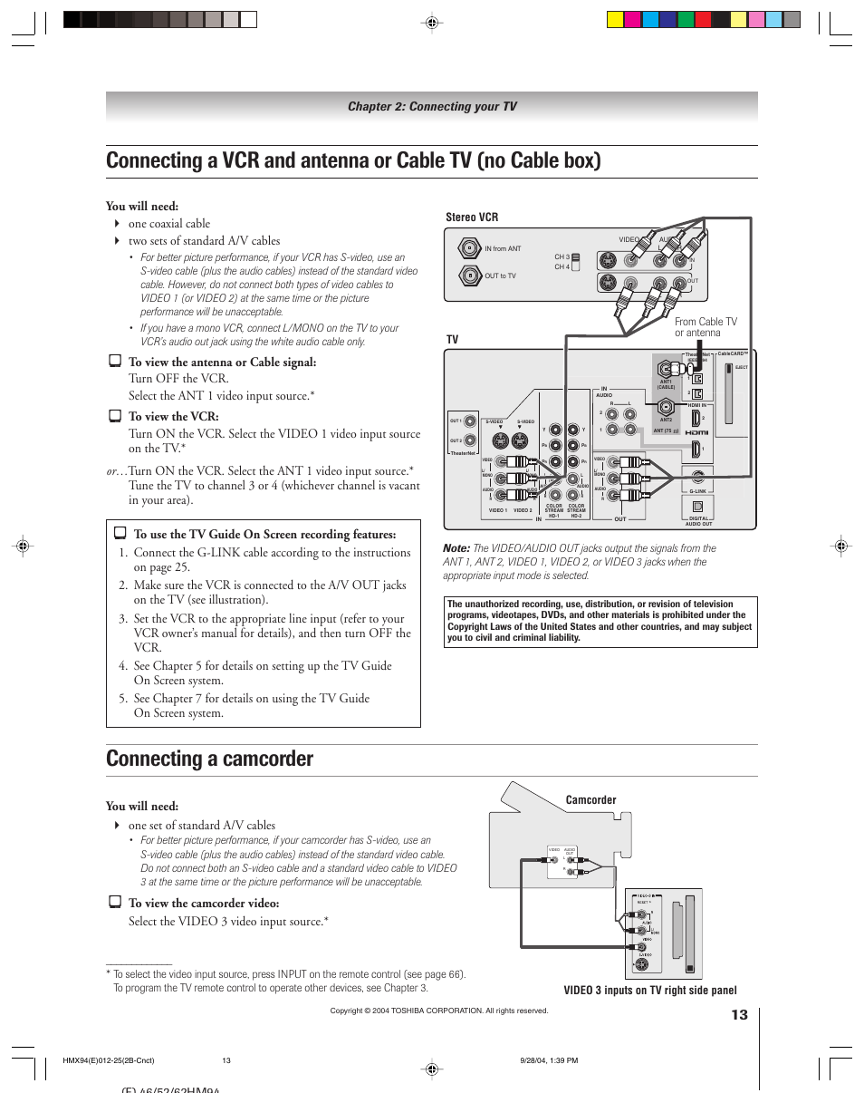 Connecting a camcorder, You will need: one set of standard a/v cables, Chapter 2: connecting your tv | Video 3 inputs on tv right side panel camcorder | Toshiba 52HMX94 User Manual | Page 13 / 108