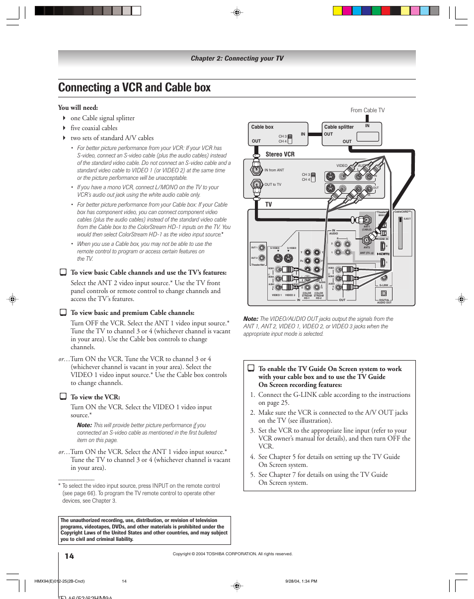 Connecting a vcr and cable box, Chapter 2: connecting your tv, Stereo vcr tv | Toshiba 52HMX94 User Manual | Page 14 / 108