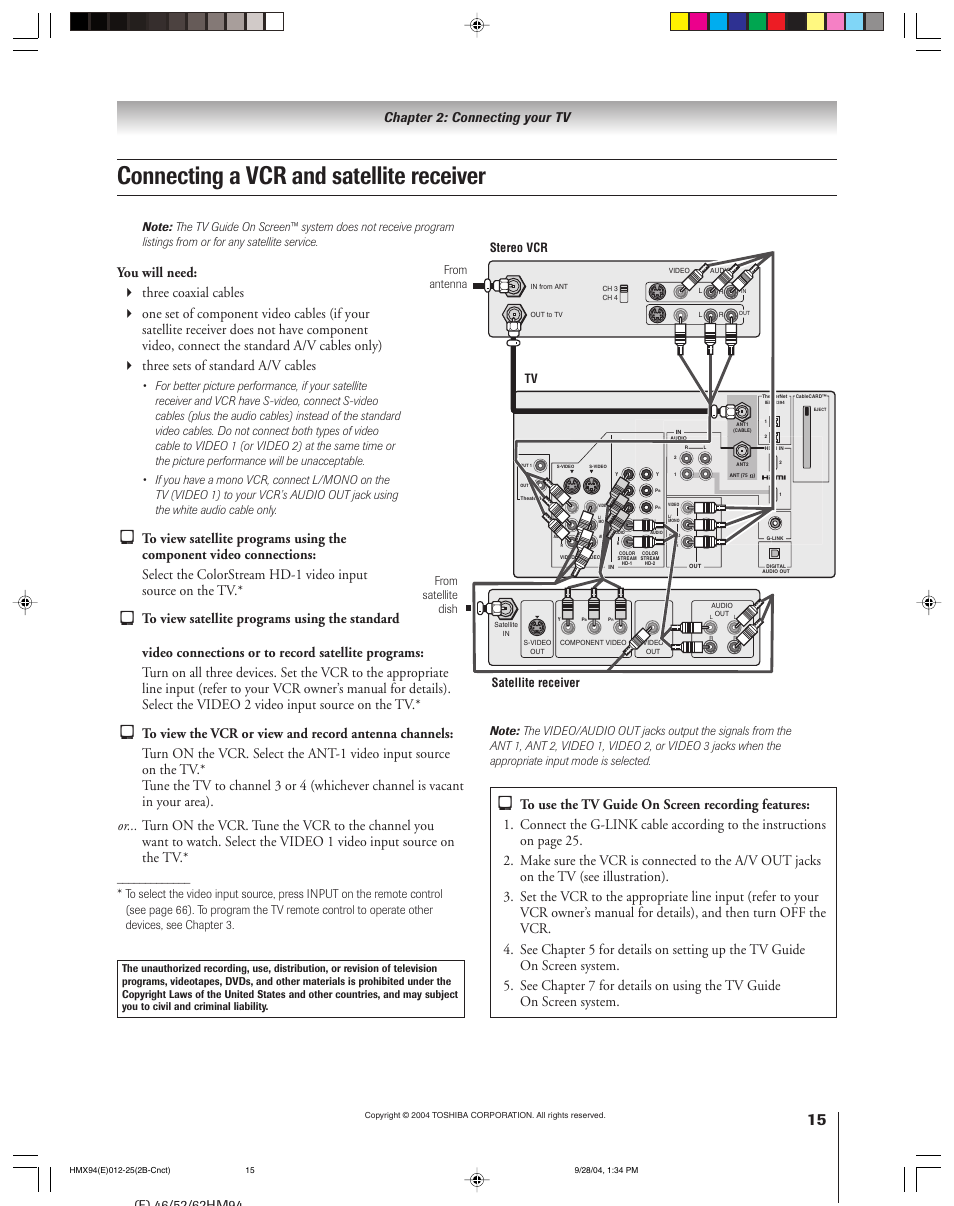 Connecting a vcr and satellite receiver, Chapter 2: connecting your tv | Toshiba 52HMX94 User Manual | Page 15 / 108