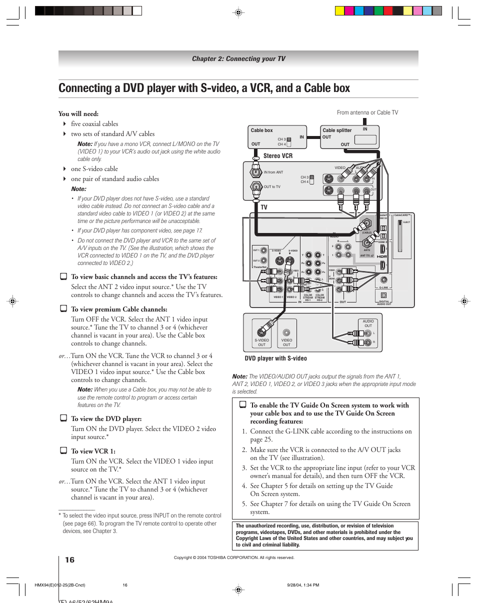 Chapter 2: connecting your tv | Toshiba 52HMX94 User Manual | Page 16 / 108