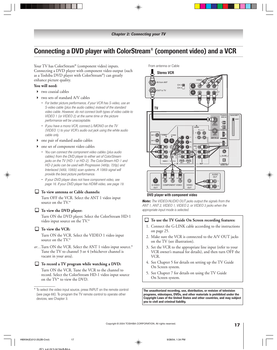 Connecting a dvd player with colorstream, Component video) and a vcr, Your tv has colorstream | Chapter 2: connecting your tv | Toshiba 52HMX94 User Manual | Page 17 / 108