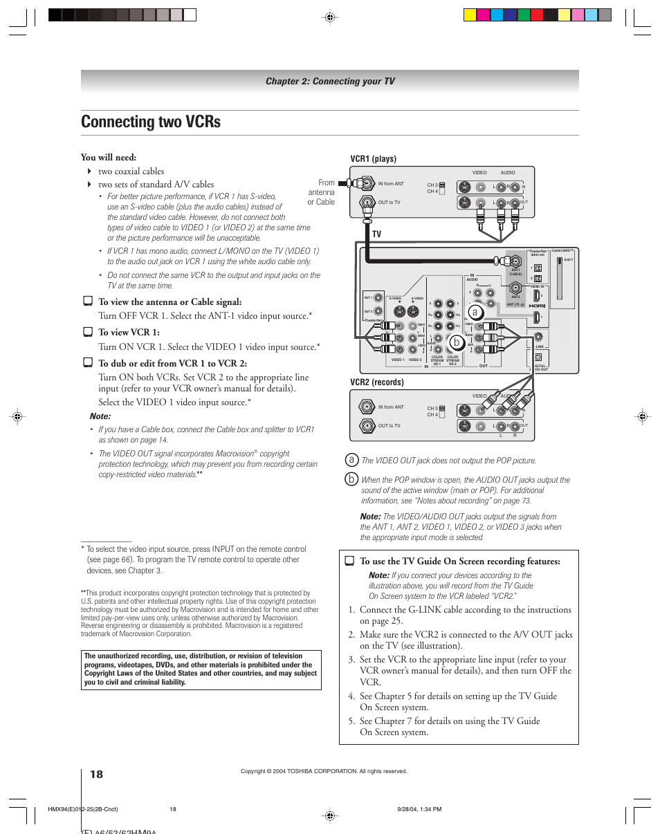 Connecting two vcrs, Chapter 2: connecting your tv | Toshiba 52HMX94 User Manual | Page 18 / 108