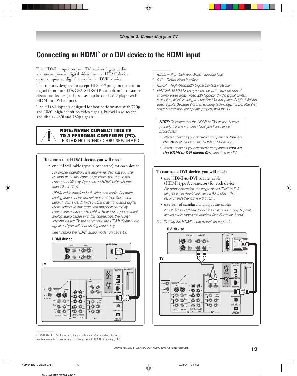 Connecting an hdmi, Or a dvi device to the hdmi input, The hdmi | Device. this input is designed to accept hdcp, One pair of standard analog audio cables, Chapter 2: connecting your tv, Tv hdmi device, Hdmi = high-definition multimedia interface, Dvi = digital video interface, Hdcp = high-bandwidth digital content protection | Toshiba 52HMX94 User Manual | Page 19 / 108