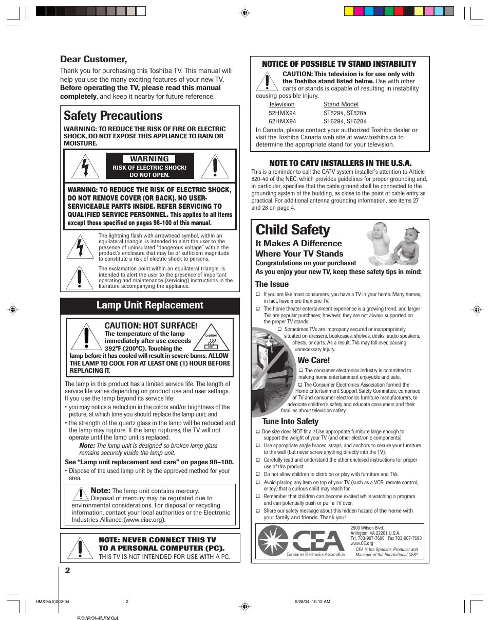 Child safety, Safety precautions, Lamp unit replacement | Dear customer, It makes a difference where your tv stands, The issue, We care, Tune into safety, Notice of possible tv stand instability, Caution: hot surface | Toshiba 52HMX94 User Manual | Page 2 / 108