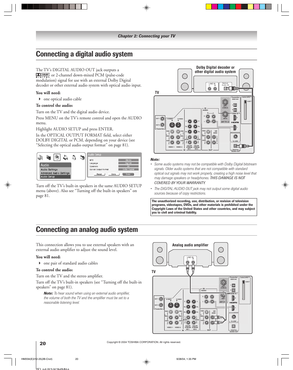 Connecting a digital audio system, Connecting an analog audio system, Chapter 2: connecting your tv | Tv analog audio amplifier | Toshiba 52HMX94 User Manual | Page 20 / 108