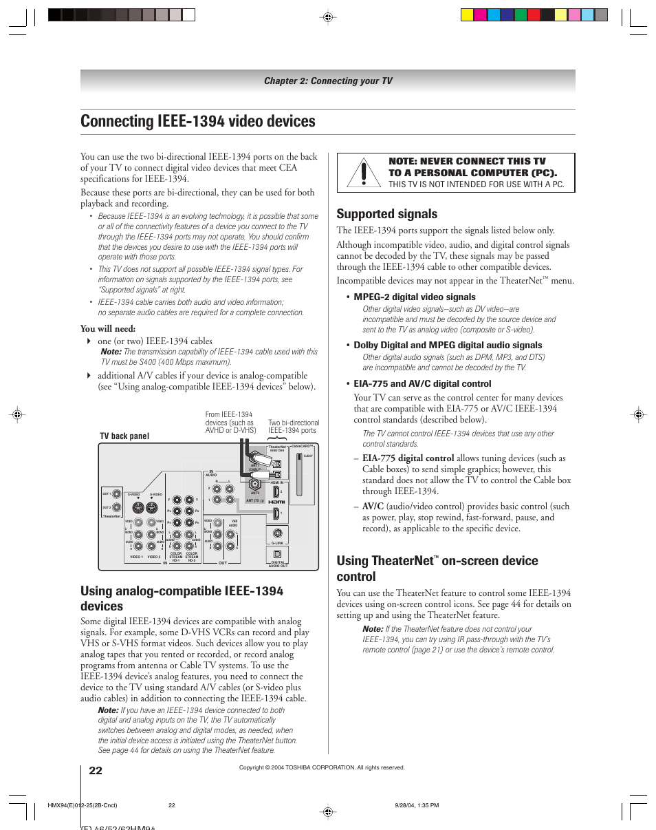 Connecting ieee-1394 video devices, Using analog-compatible ieee-1394 devices, Supported signals | Using theaternet, On-screen device control, You will need: one (or two) ieee-1394 cables, Menu, Chapter 2: connecting your tv, Mpeg-2 digital video signals, Dolby digital and mpeg digital audio signals | Toshiba 52HMX94 User Manual | Page 22 / 108