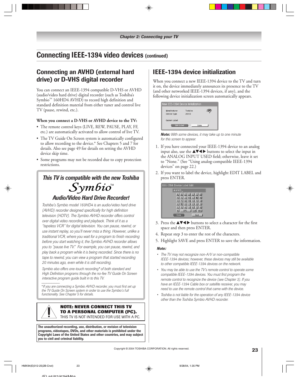 Connecting ieee-1394 video devices, Ieee-1394 device initialization, Audio/video hard drive recorder | This tv is compatible with the new toshiba | Toshiba 52HMX94 User Manual | Page 23 / 108