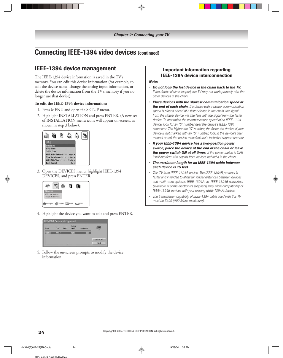 Connecting ieee-1394 video devices, Ieee-1394 device management, Continued) | Toshiba 52HMX94 User Manual | Page 24 / 108