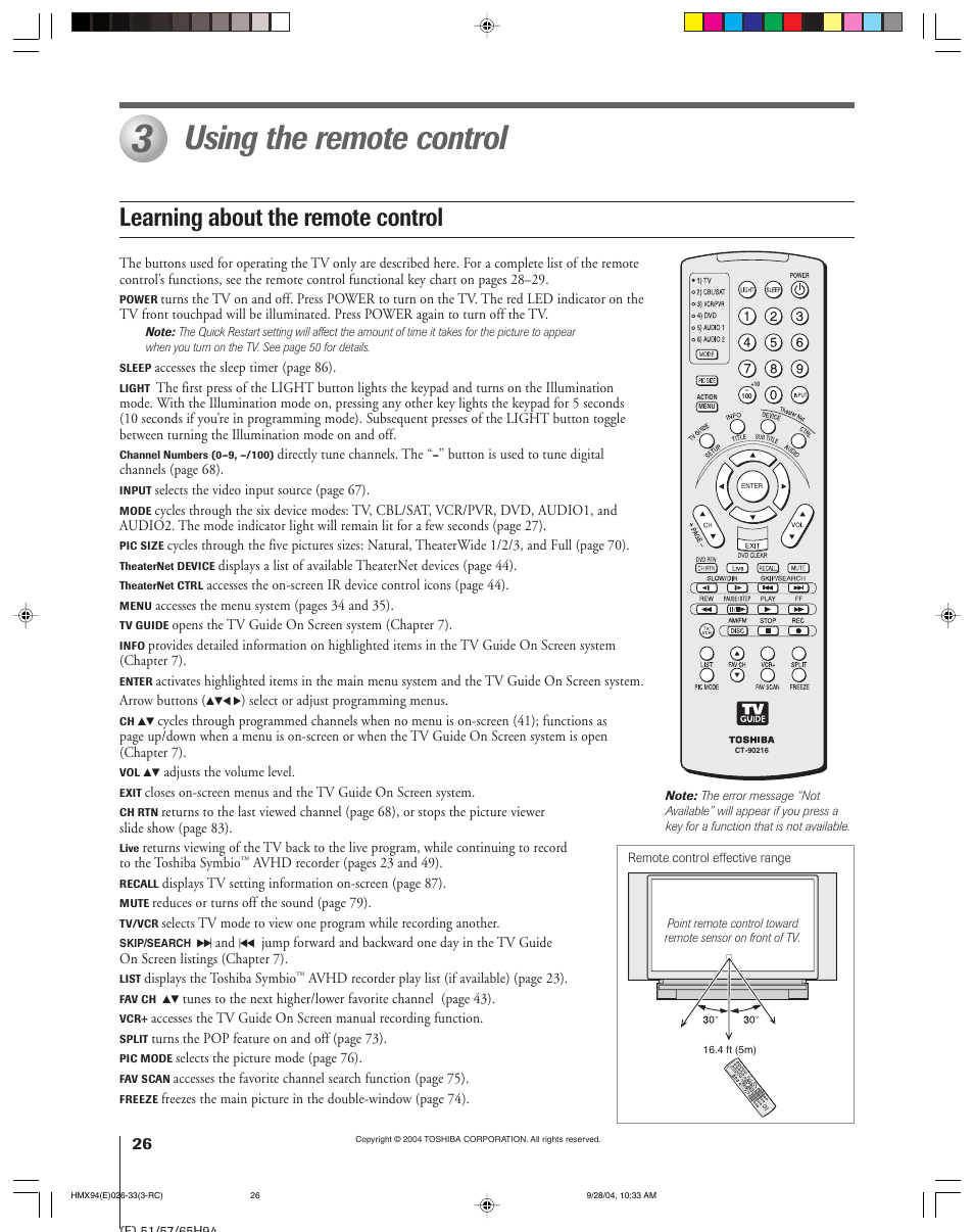 Using the remote control, Learning about the remote control | Toshiba 52HMX94 User Manual | Page 26 / 108