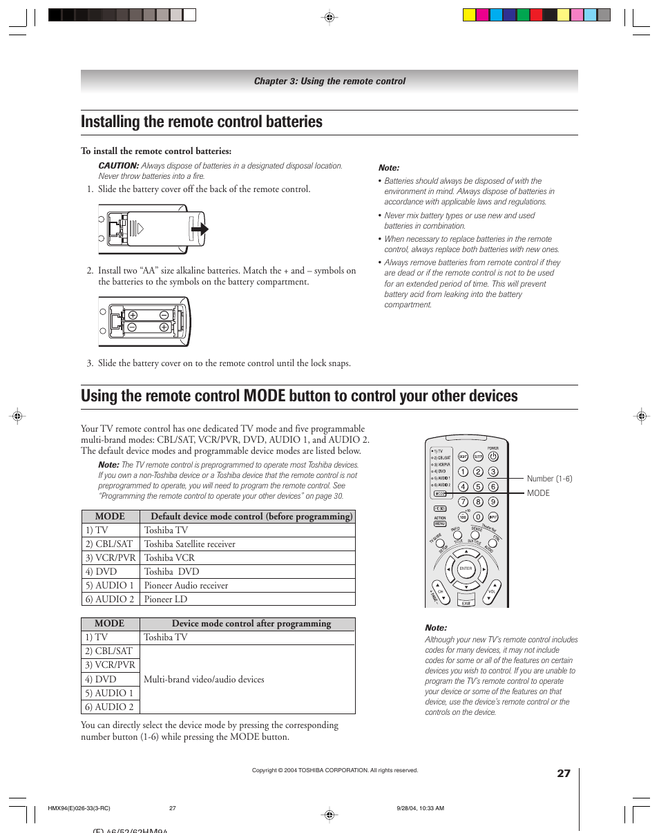 Installing the remote control batteries | Toshiba 52HMX94 User Manual | Page 27 / 108