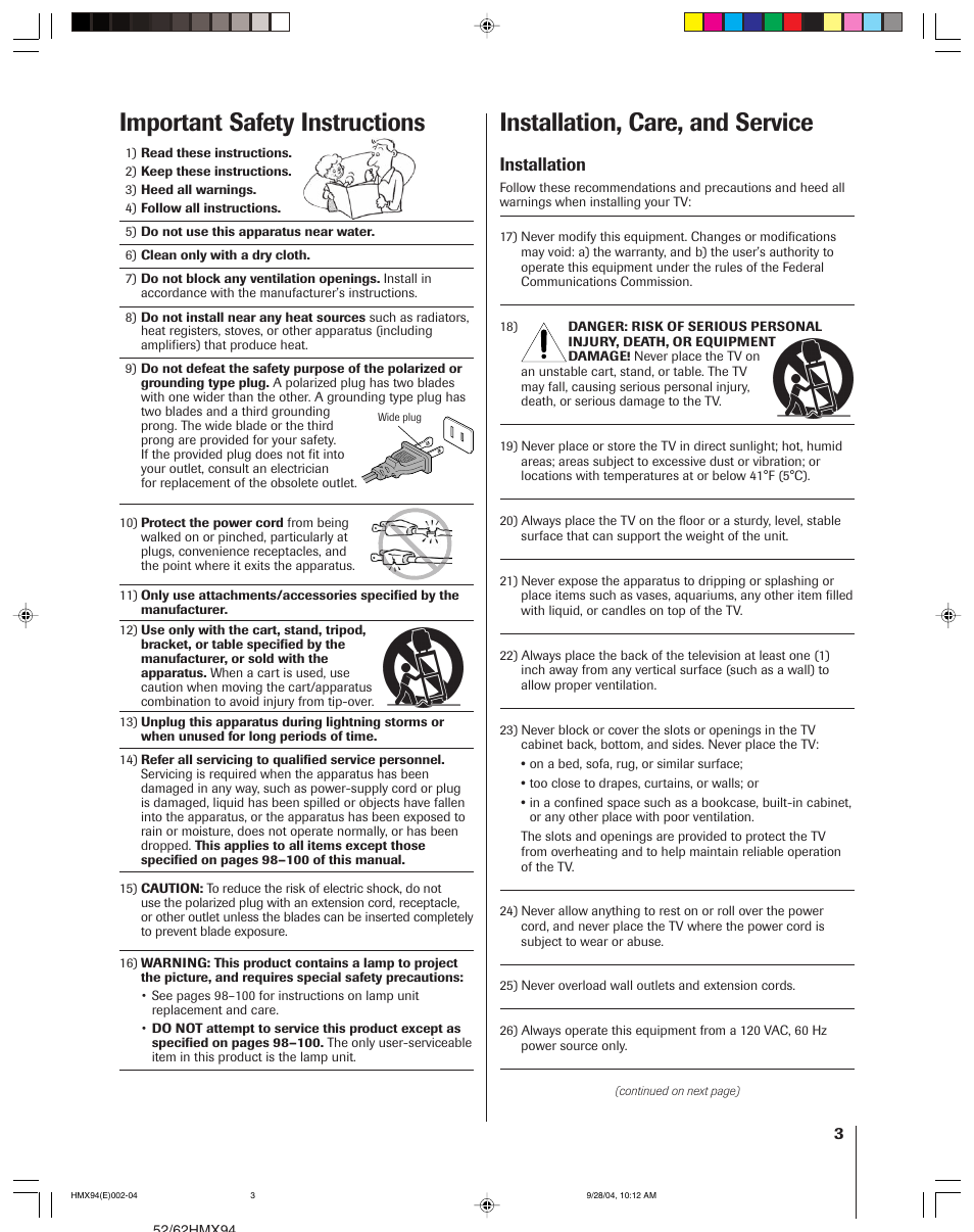 Installation, care, and service, Important safety instructions, Installation | Toshiba 52HMX94 User Manual | Page 3 / 108