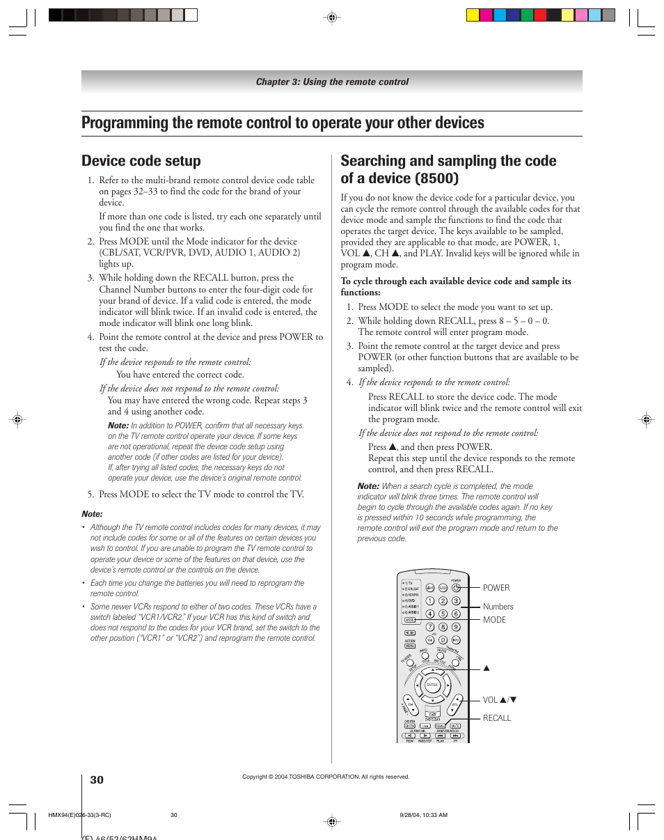 Searching and sampling the code of a device (8500), Device code setup | Toshiba 52HMX94 User Manual | Page 30 / 108