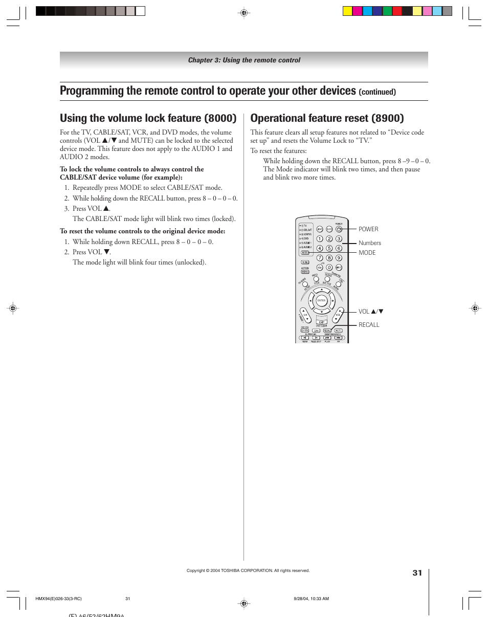 Operational feature reset (8900), Using the volume lock feature (8000), Continued) | Toshiba 52HMX94 User Manual | Page 31 / 108