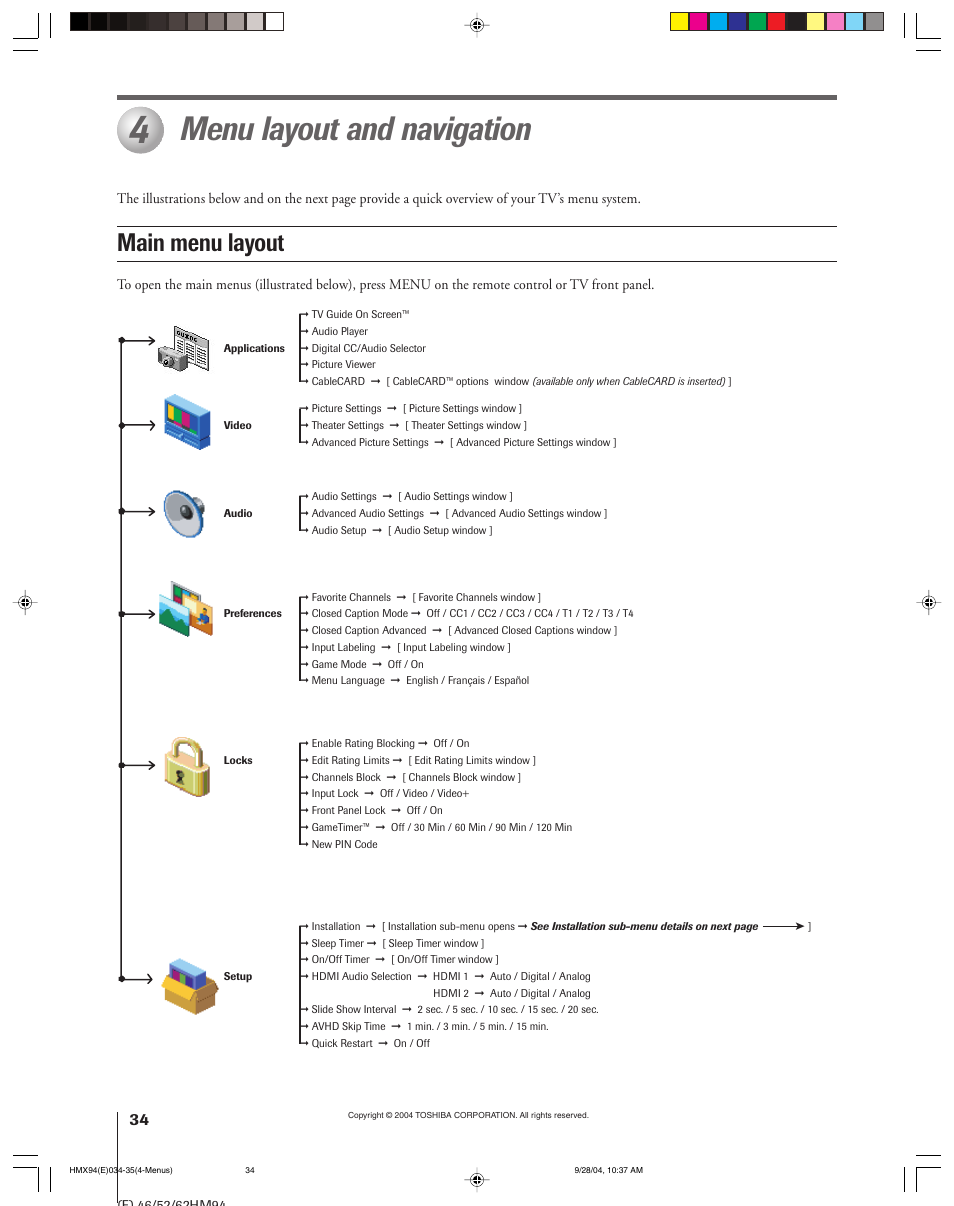 Menu layout and navigation, Main menu layout | Toshiba 52HMX94 User Manual | Page 34 / 108