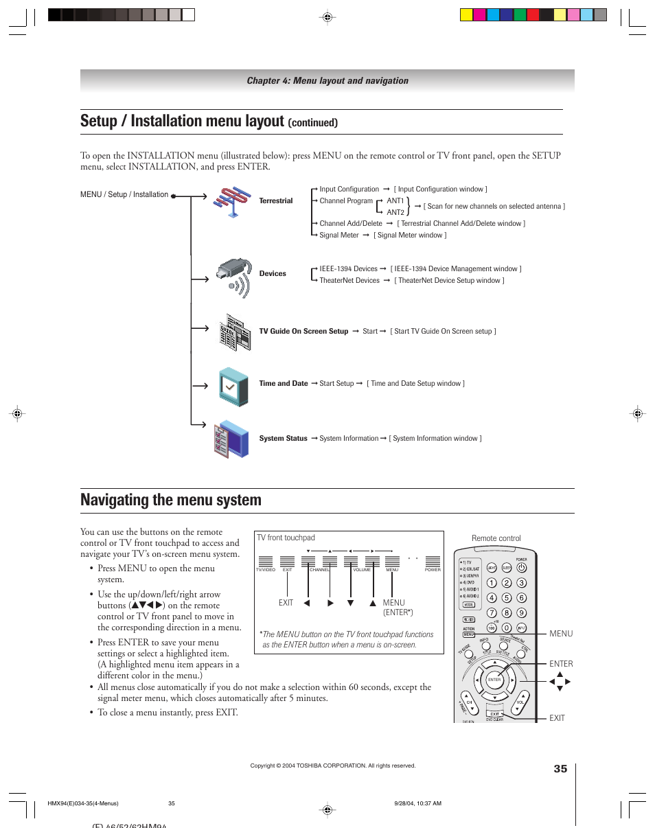 Navigating the menu system, Setup / installation menu layout, Continued) | Toshiba 52HMX94 User Manual | Page 35 / 108