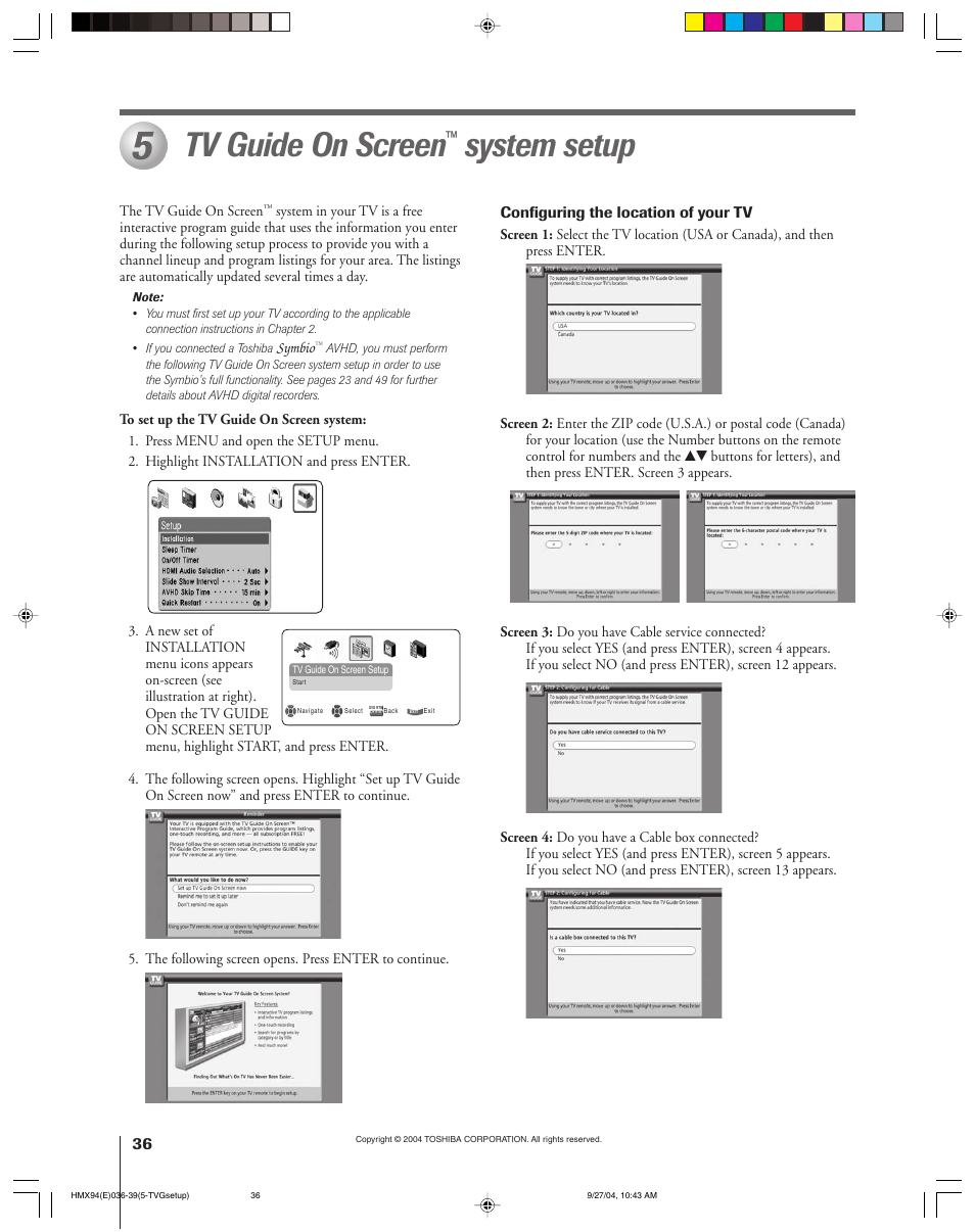 Tv guide on screen, System setup | Toshiba 52HMX94 User Manual | Page 36 / 108