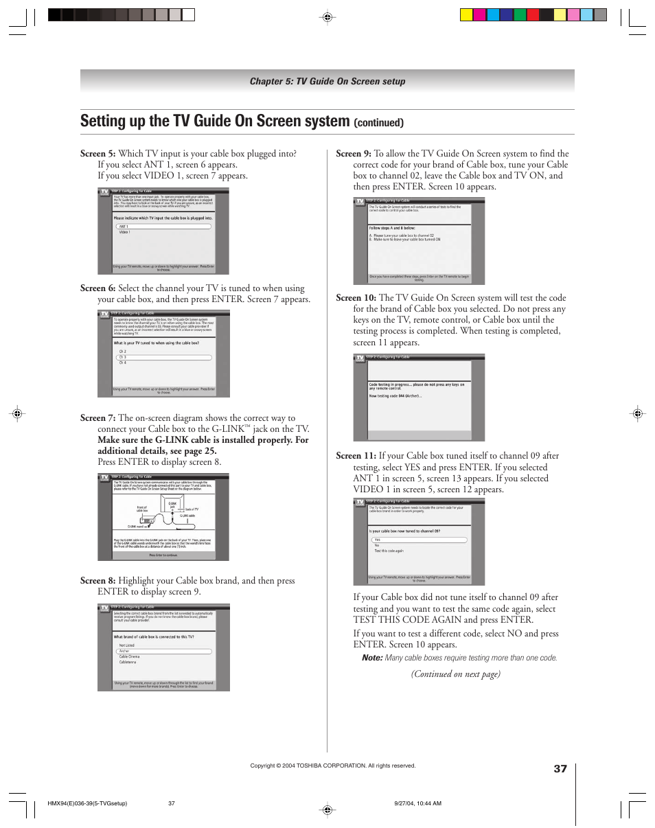 Setting up the tv guide on screen system | Toshiba 52HMX94 User Manual | Page 37 / 108
