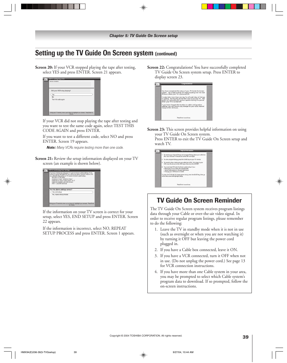 Setting up the tv guide on screen system, Tv guide on screen reminder | Toshiba 52HMX94 User Manual | Page 39 / 108