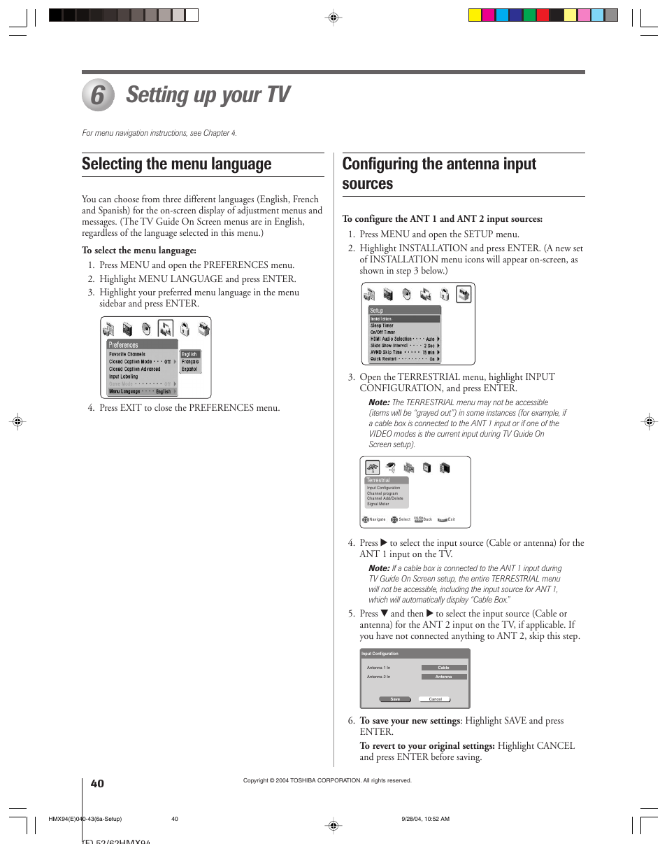 Setting up your tv, Selecting the menu language, Configuring the antenna input sources | Toshiba 52HMX94 User Manual | Page 40 / 108